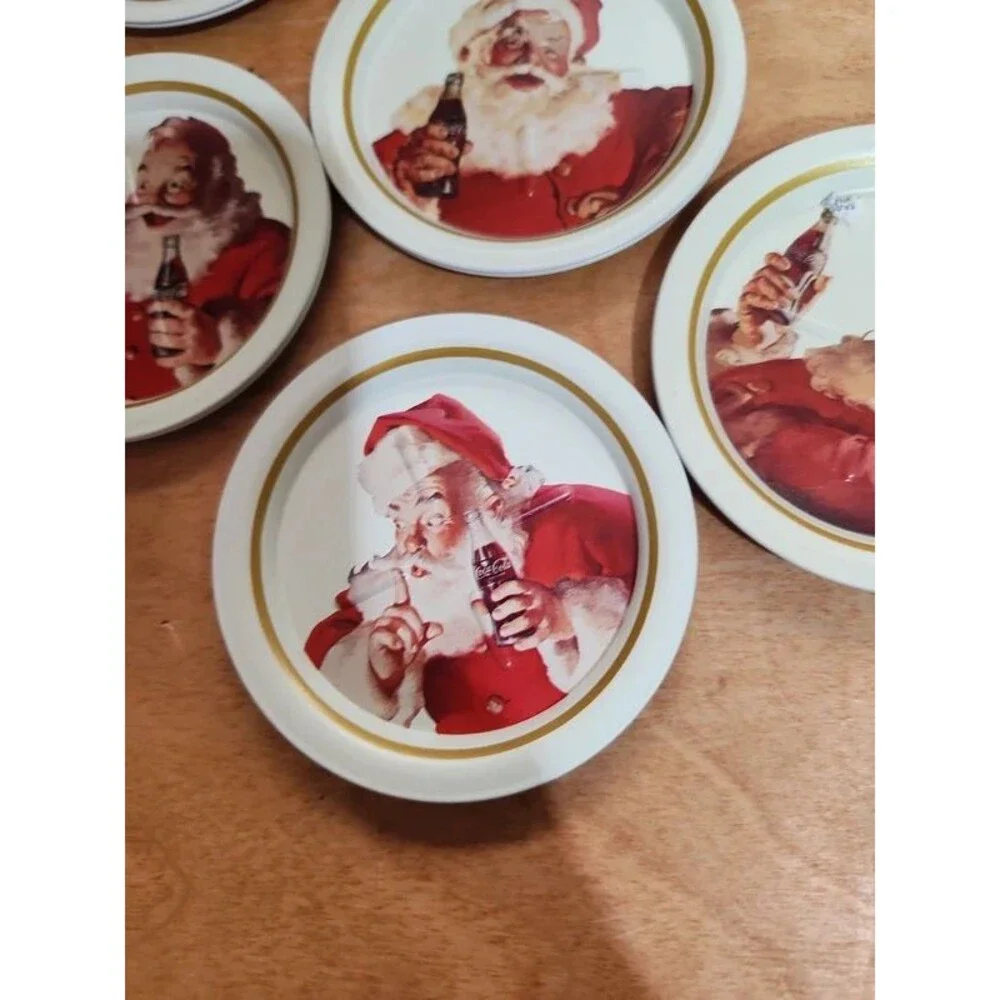 6 vintage Coca Cola  Santa drink coasters metal